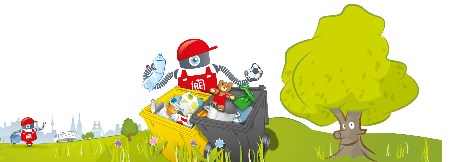 Illustration Robin mit gelber und grauer Tonne